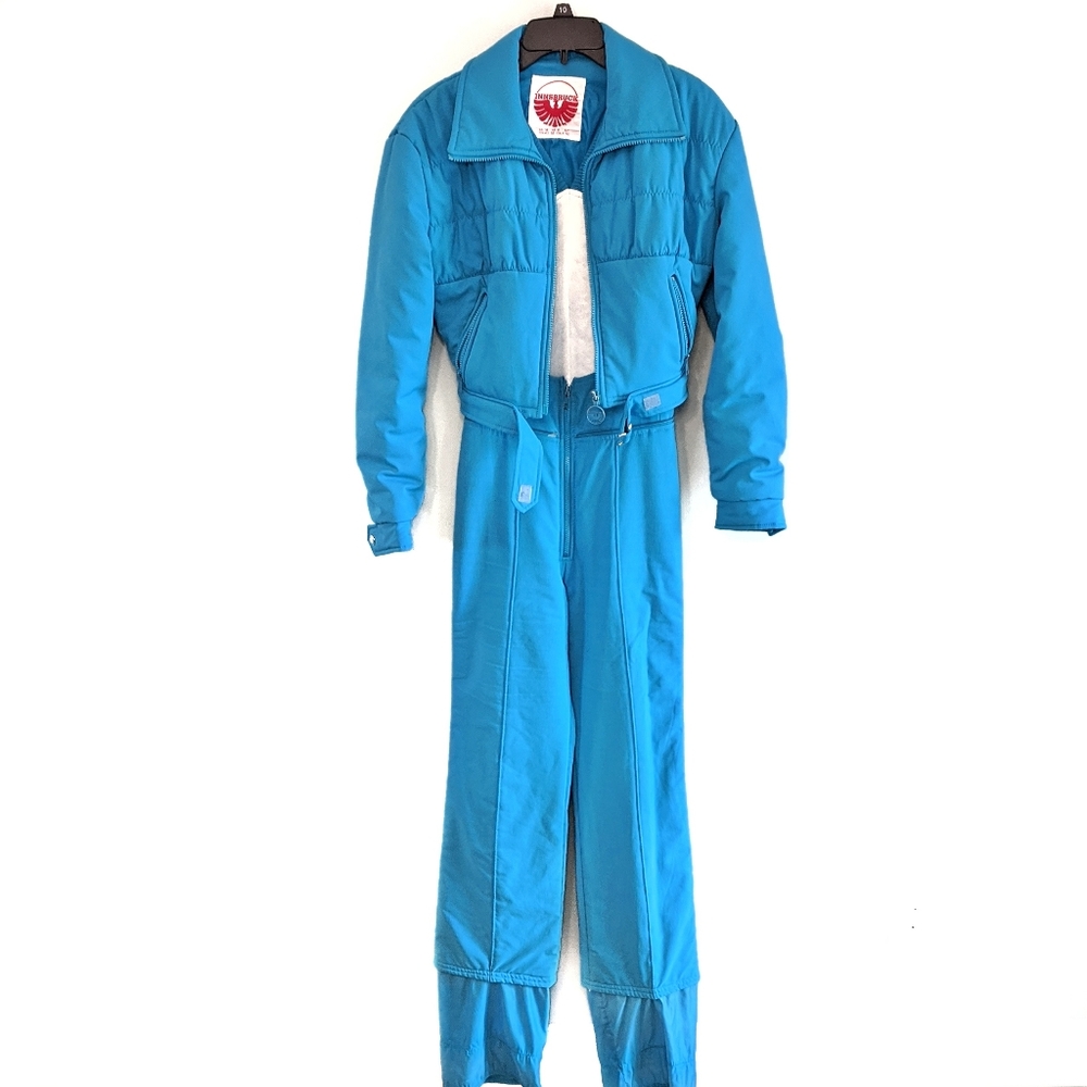 Vintage Innsbruck Ski Snow Suit Bright Blue Size Small 2 Piece Jacket Overalls